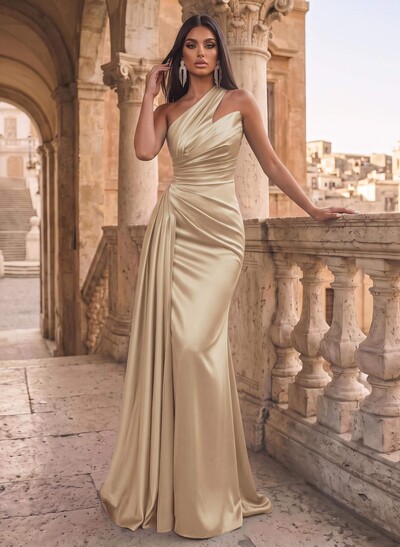 Sheath/Column One-Shoulder Sleeveless Silk Like Satin Prom Dresses