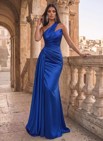 Sheath/Column One-Shoulder Sleeveless Silk Like Satin Prom Dresses