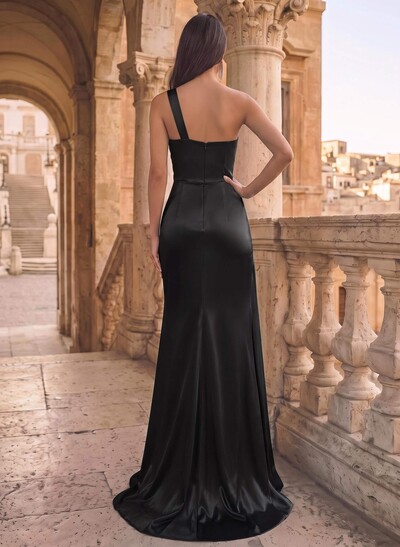 Sheath/Column One-Shoulder Sleeveless Silk Like Satin Prom Dresses