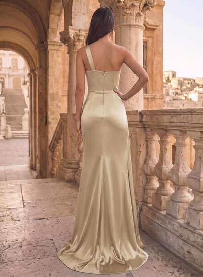 Sheath/Column One-Shoulder Sleeveless Silk Like Satin Prom Dresses