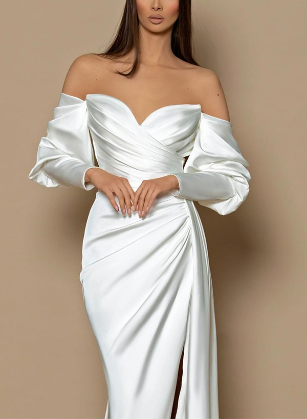 Sheath/Column Off-The-Shoulder Silk Like Satin Prom Dresses With Split Front