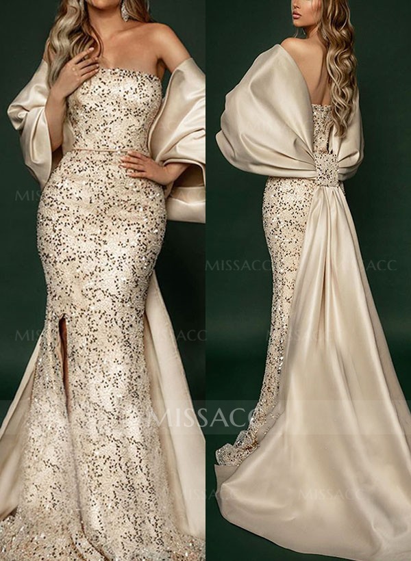 Trumpet/Mermaid Off-The-Shoulder Sequined Prom Dresses With Split Front