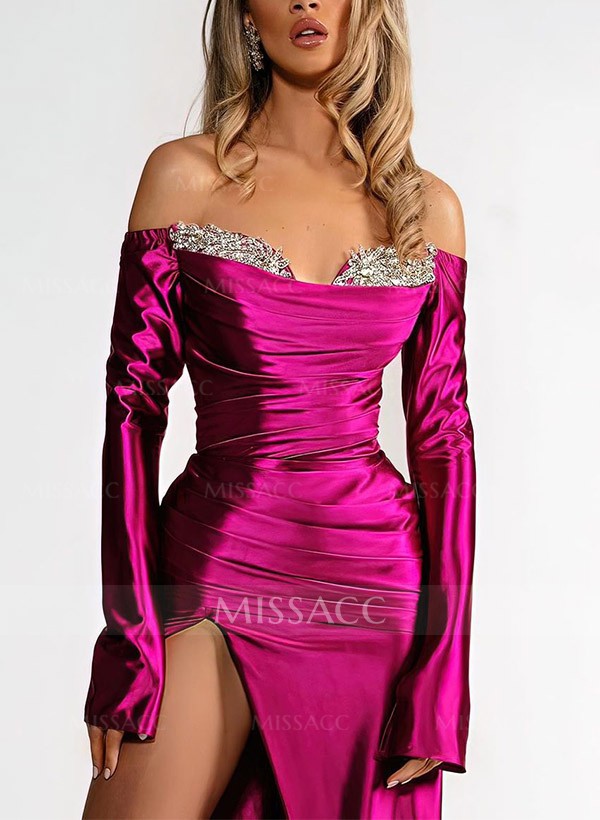 Sheath/Column Off-The-Shoulder Silk Like Satin Prom Dresses With Split Front