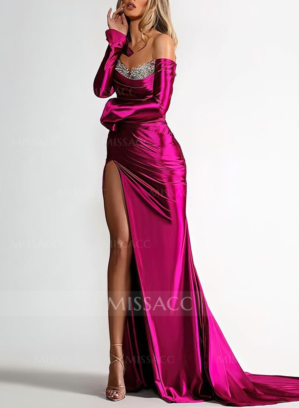 Sheath/Column Off-The-Shoulder Silk Like Satin Prom Dresses With Split Front