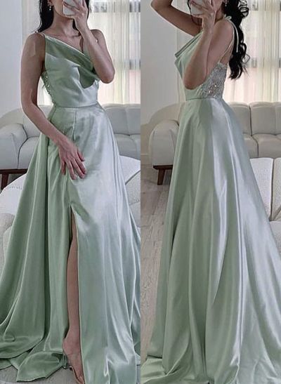 A-Line Cowl Neck Sleeveless Sequined Prom Dresses With Split Front