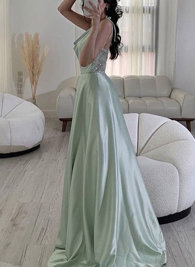 A-Line Cowl Neck Sleeveless Sequined Prom Dresses With Split Front