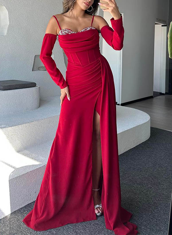 Sheath/Column Off-The-Shoulder Long Sleeves Chiffon Prom Dresses With Split Front