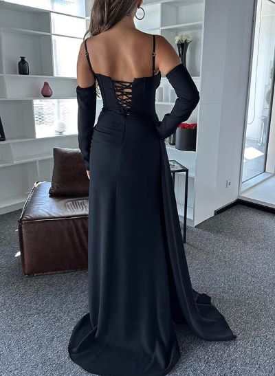 Sheath/Column Off-The-Shoulder Long Sleeves Chiffon Prom Dresses With Split Front