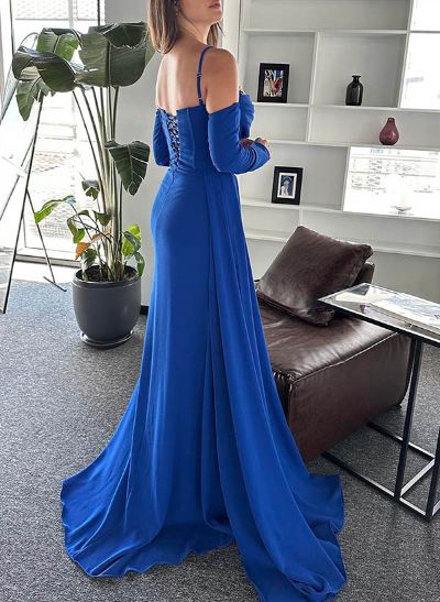 Sheath/Column Off-The-Shoulder Long Sleeves Chiffon Prom Dresses With Split Front