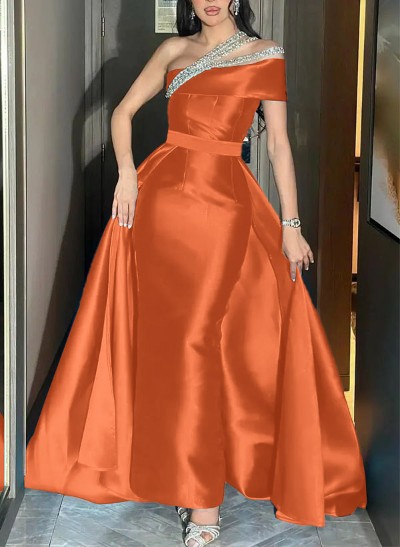 A-Line One-Shoulder Sleeveless Floor-Length Satin Prom Dresses