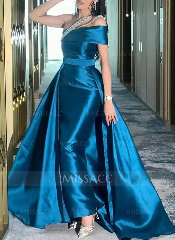 A-Line One-Shoulder Sleeveless Floor-Length Satin Prom Dresses