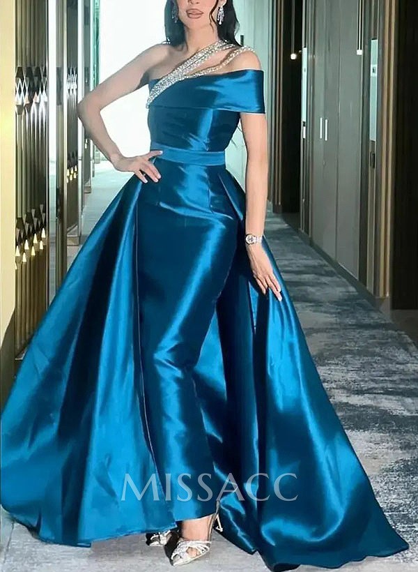 A-Line One-Shoulder Sleeveless Floor-Length Satin Prom Dresses A-Line One-Shoulder Sleeveless Floor-Length Satin Prom Dresses