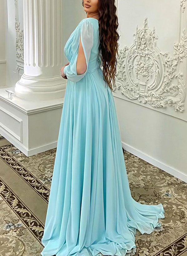 Sheath/Column V-Neck Long Sleeves Chiffon Prom Dresses With Split Front