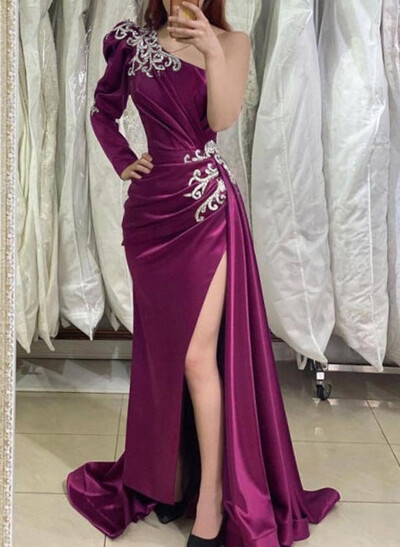 Sheath/Column One-Shoulder Long Sleeves Satin Prom Dresses With Split Front
