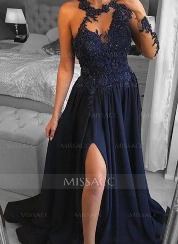 A-Line One-Shoulder Long Sleeves Satin Prom Dresses With Split Front