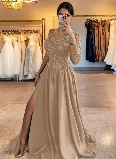 A-Line One-Shoulder Long Sleeves Matte Satin Prom Dresses With Split Front