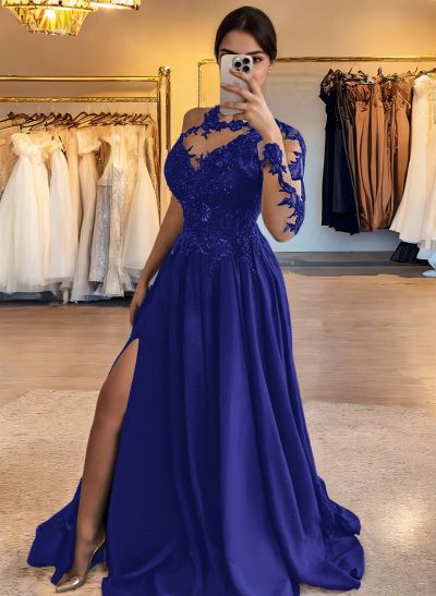 A-Line One-Shoulder Long Sleeves Matte Satin Prom Dresses With Split Front