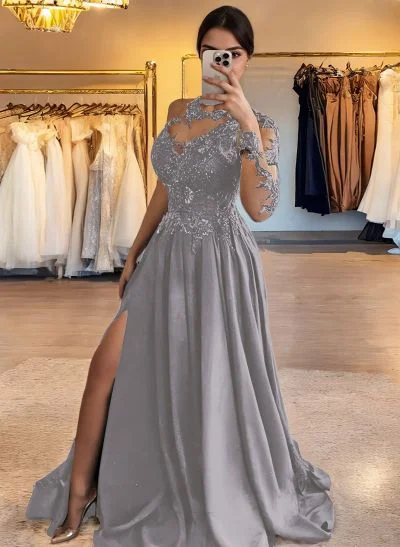 Sparkly Silver Dress Long Sleeve Silver Prom Dresses Side Slit Blush Pink Lace Formal Maxi Dress Sparkly Silver Dress Long Sleeve Silver Prom Dresses Side Slit Blush Pink Lace Formal Maxi Dress