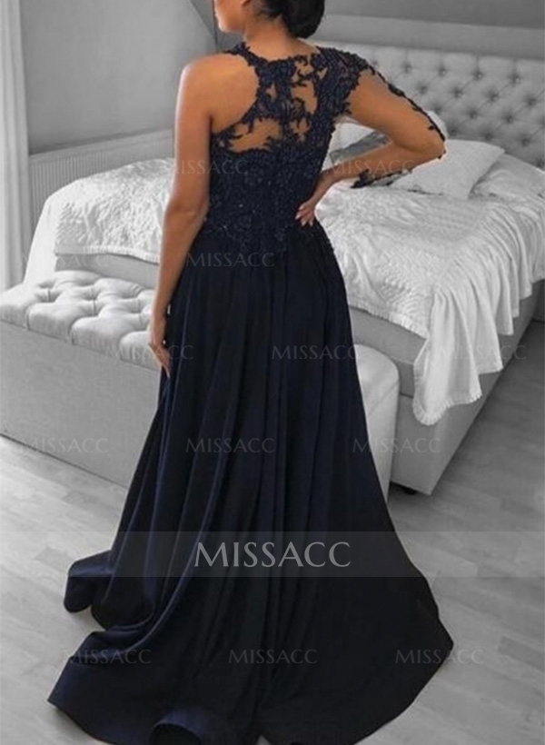 A-Line One-Shoulder Long Sleeves Matte Satin Prom Dresses With Split Front