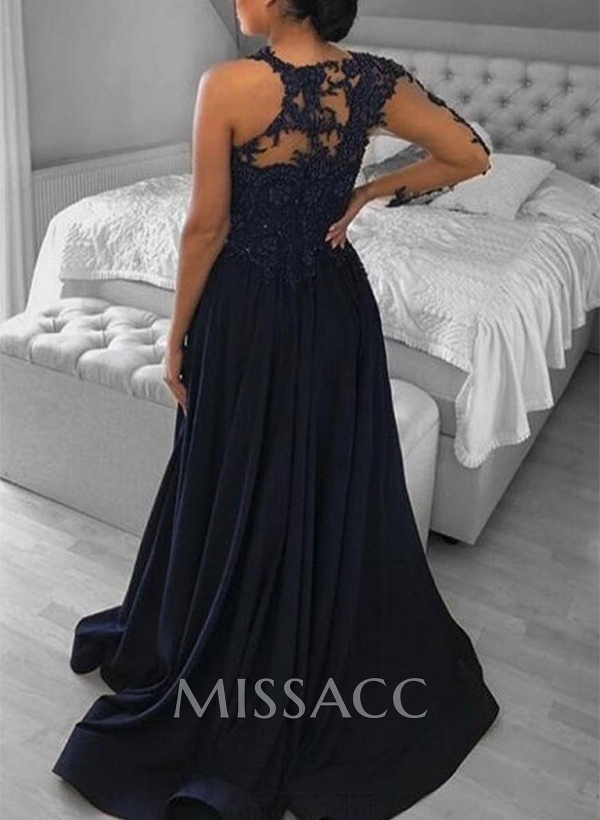 A-Line One-Shoulder Long Sleeves Matte Satin Prom Dresses With Split Front