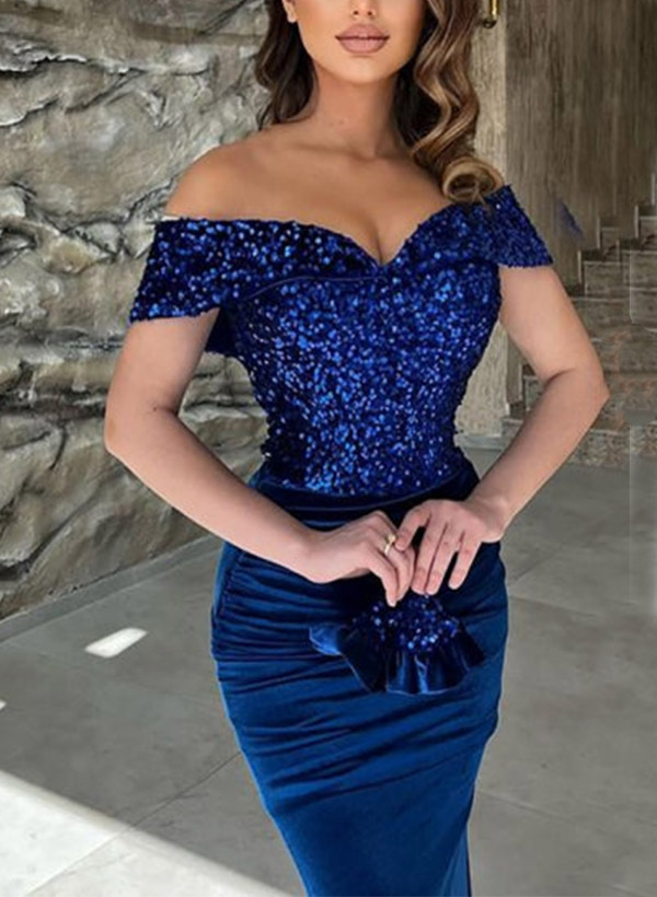 Sheath/Column Off-The-Shoulder Sleeveless Sequined Prom Dresses With Sequins