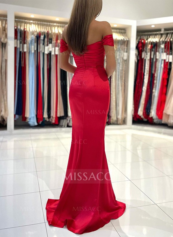 Trumpet/Mermaid Off-The-Shoulder Silk Like Satin Prom Dresses With Split Front