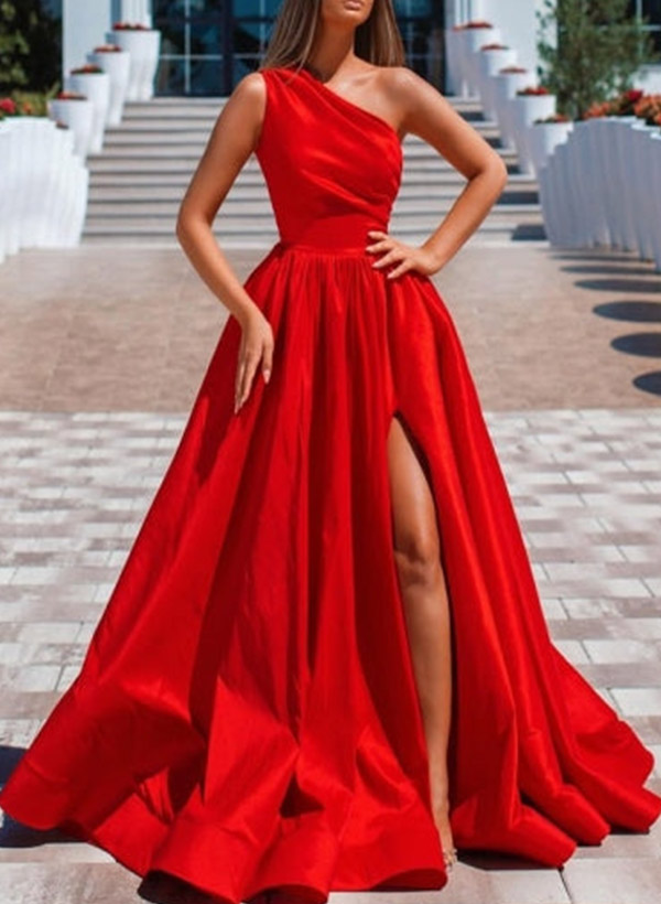 A-Line One-Shoulder Sleeveless Satin Prom Dresses With Split Front