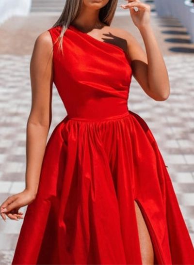 A-Line One-Shoulder Sleeveless Satin Prom Dresses With Split Front