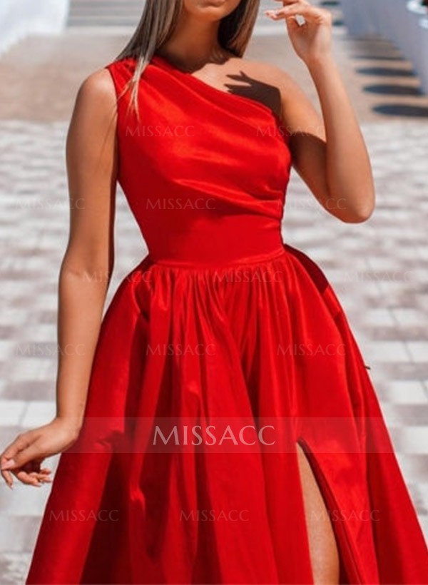 A-Line One-Shoulder Sleeveless Satin Prom Dresses With Split Front