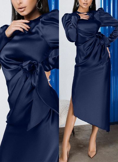 Sheath/Column Scoop Neck Long Sleeves Silk Like Satin Prom Dresses