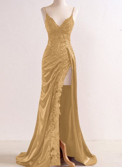 Sheath/Column V-Neck Sleeveless Silk Like Satin Prom Dresses With Split Front
