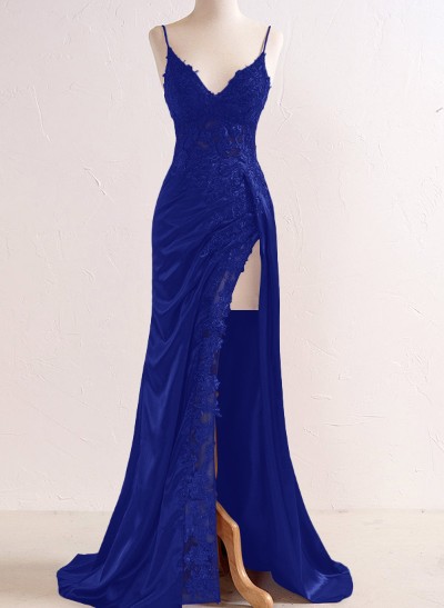 Sheath/Column V-Neck Sleeveless Charmeuse Prom Dresses With Split Front