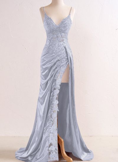 Sheath/Column V-Neck Sleeveless Silk Like Satin Prom Dresses With Split Front