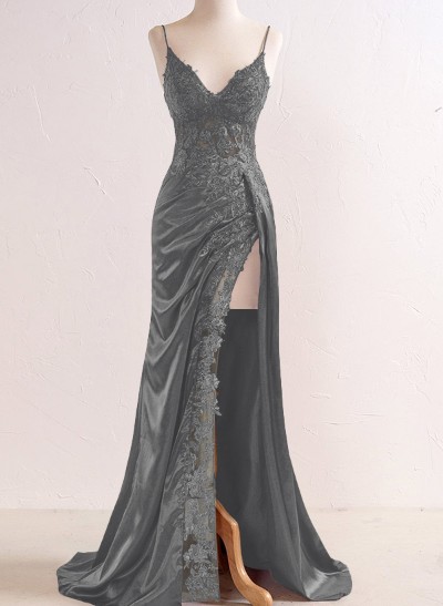 Sheath/Column V-Neck Sleeveless Charmeuse Prom Dresses With Split Front