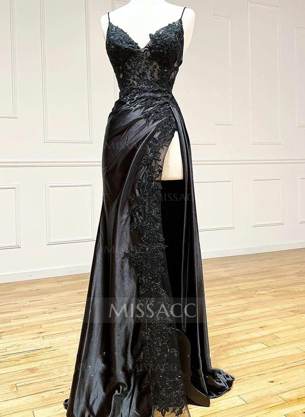 Sheath/Column V-Neck Sleeveless Charmeuse Prom Dresses With Split Front