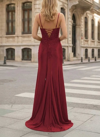 Sheath/Column V-Neck Sleeveless Charmeuse Prom Dresses With Split Front