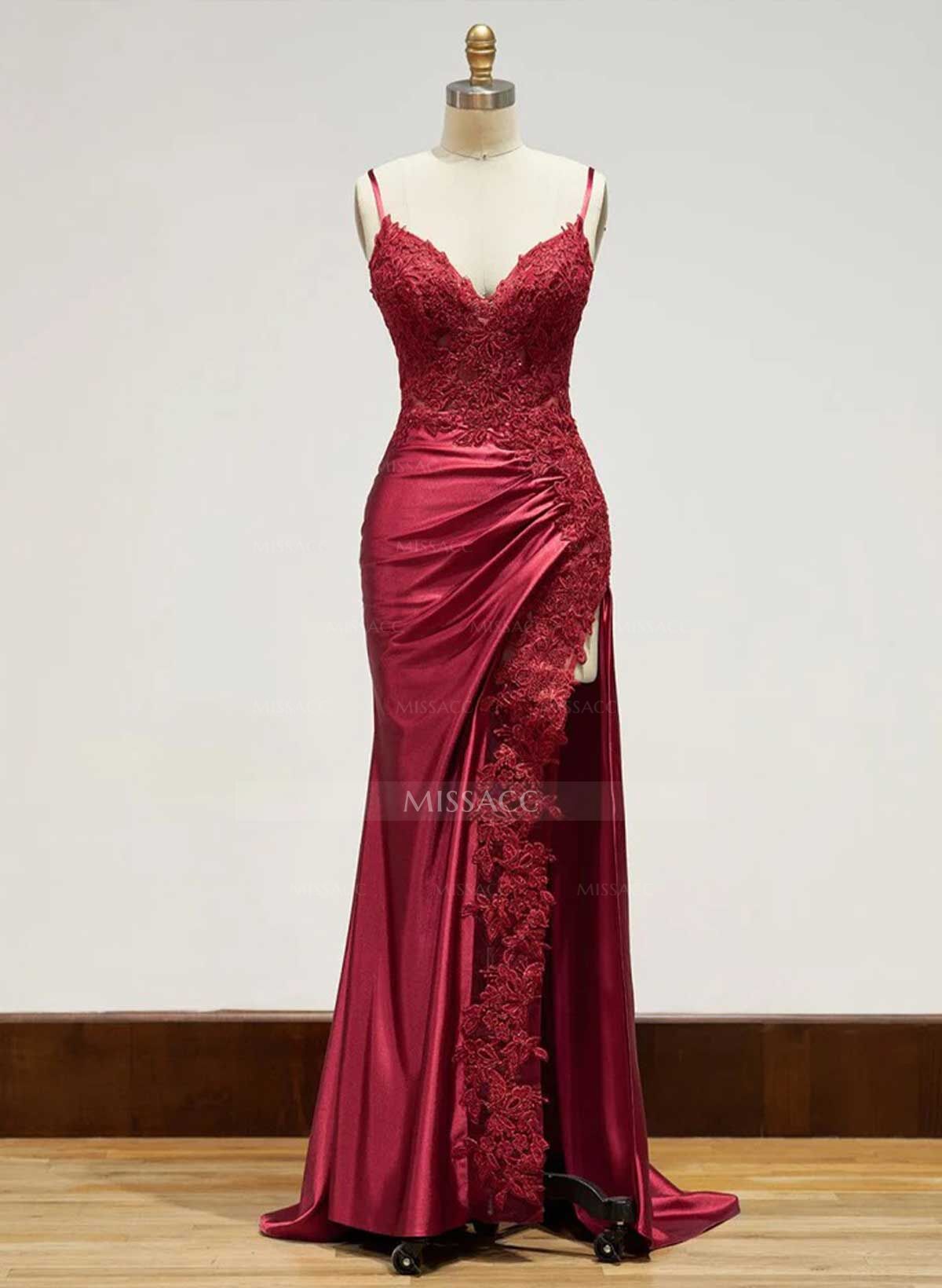 Sheath/Column V-Neck Sleeveless Charmeuse Prom Dresses With Split Front