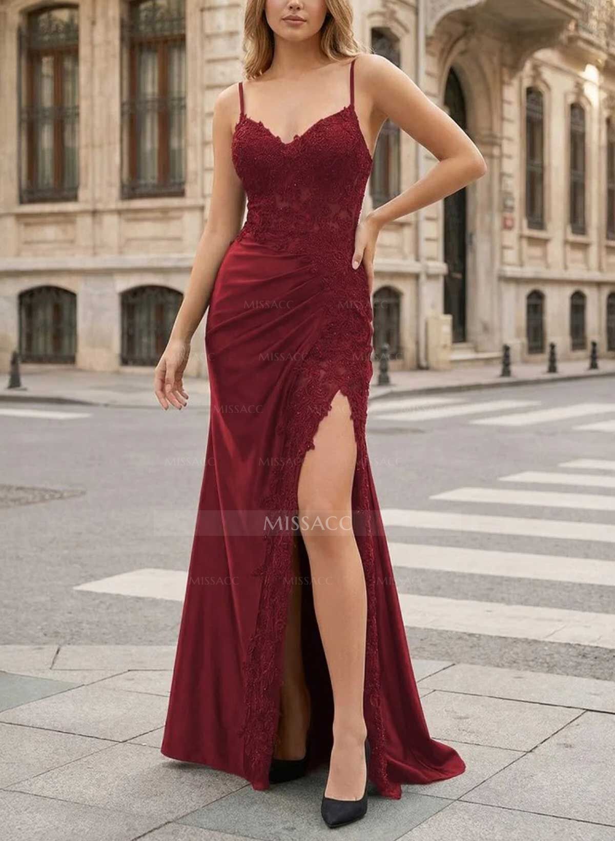 Sheath/Column V-Neck Sleeveless Charmeuse Prom Dresses With Split Front