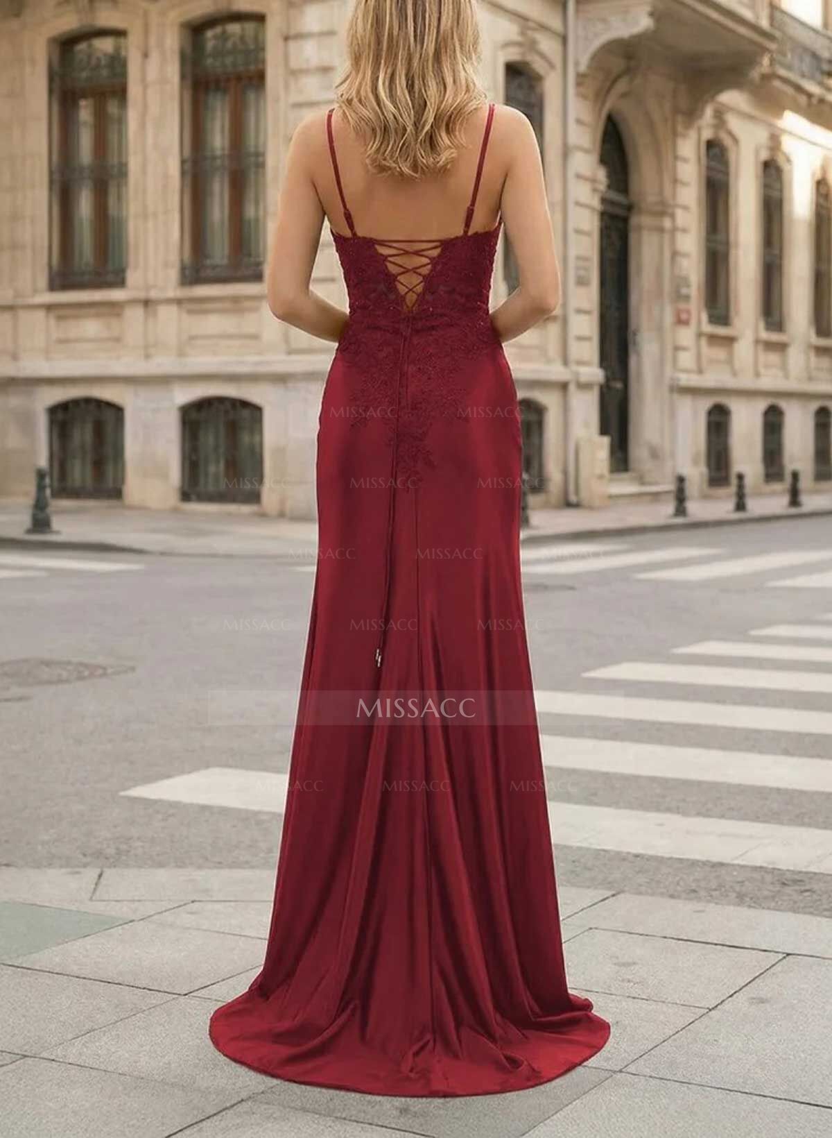Sheath/Column V-Neck Sleeveless Charmeuse Prom Dresses With Split Front