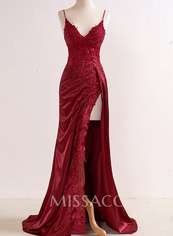 Sheath/Column V-Neck Sleeveless Charmeuse Prom Dresses With Split Front