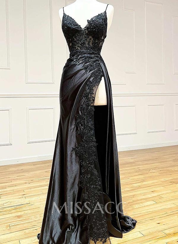 Sheath/Column V-Neck Sleeveless Charmeuse Prom Dresses With Split Front