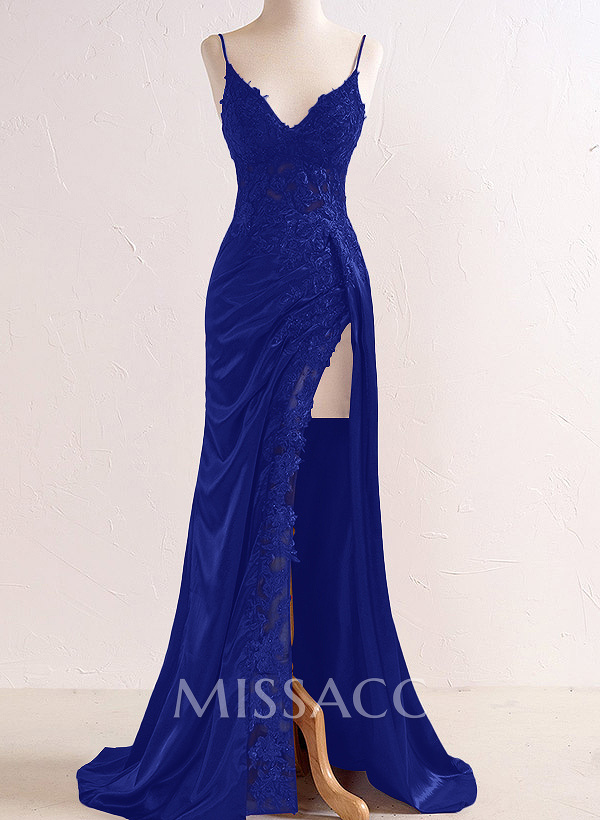 Sheath/Column V-Neck Sleeveless Charmeuse Prom Dresses With Split Front