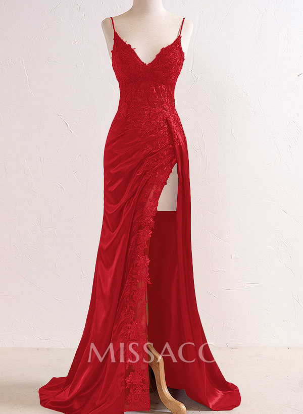 Sheath/Column V-Neck Sleeveless Charmeuse Prom Dresses With Split Front