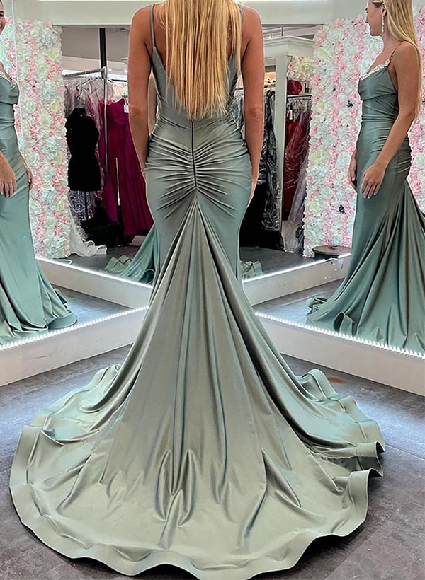 Trumpet/Mermaid Scoop Neck Sleeveless Silk Like Satin Prom Dresses With Lace