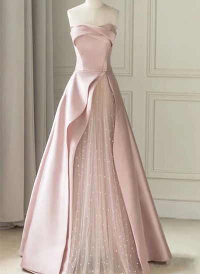 A-Line Strapless Sleeveless Floor-Length Satin Prom Dresses