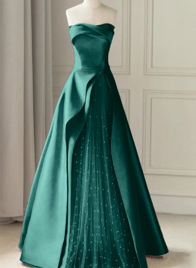 A-Line Strapless Sleeveless Floor-Length Satin Prom Dresses