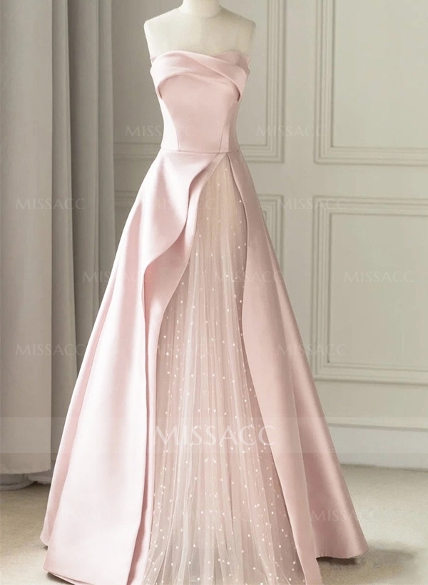 A-Line Strapless Sleeveless Floor-Length Satin Prom Dresses
