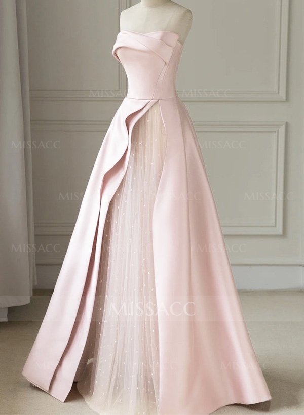 A-Line Strapless Sleeveless Floor-Length Satin Prom Dresses