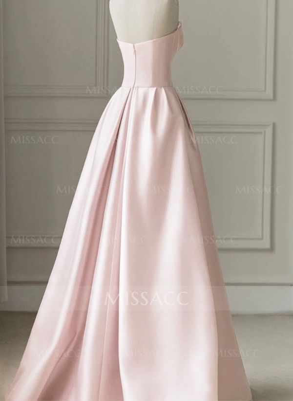 A-Line Strapless Sleeveless Floor-Length Satin Prom Dresses