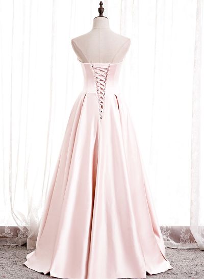 A-Line Strapless Sleeveless Floor-Length Satin Prom Dresses